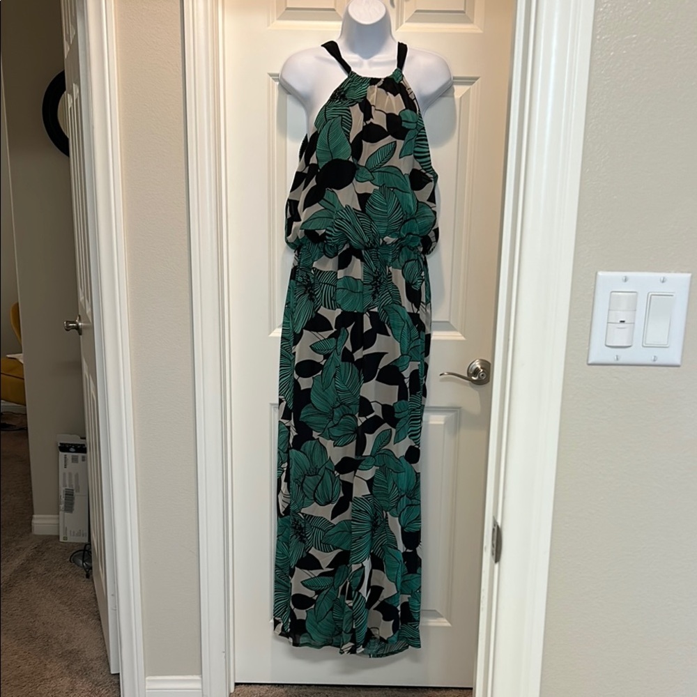 Green and Black Leaf Print Halter Maxi Jumpsuit